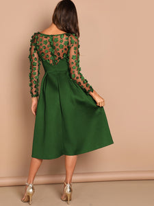 Applique & Mesh Sleeve Flared Dress