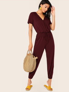 Solid Drawstring Waist Surplice Neck Jumpsuit