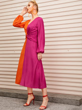 Load image into Gallery viewer, Lantern Sleeve Twist Front Two Tone Dress