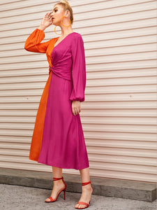 Lantern Sleeve Twist Front Two Tone Dress