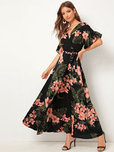 Load image into Gallery viewer, Botanical Print Ruffle Cuff Tie Side Wrap Dress