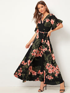 Botanical Print Ruffle Cuff Tie Side Wrap Dress