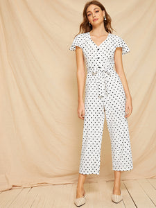 Button Polka Dot Self Tie Jumpsuit