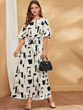 Load image into Gallery viewer, Bell Sleeve Self Belted Geo Dress