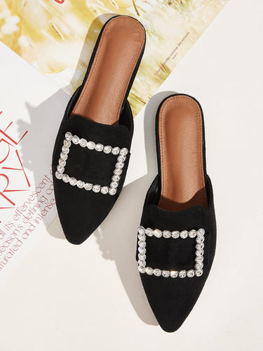 Rhinestone Decor Point Toe Flat Mules