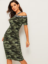 Load image into Gallery viewer, Asymmetrical Shoulder Letter Tape Camo Dress