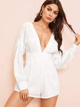 Load image into Gallery viewer, Deep V Neck Lace Insert Backless Swiss Dot Romper