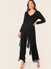 Load image into Gallery viewer, V Neck Layered Fringe Trim Jumpsuit