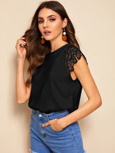 Load image into Gallery viewer, Contrast Lace Cuff Keyhole Back Blouse