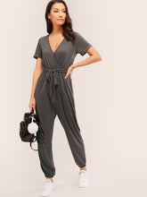 Load image into Gallery viewer, Surplice Neck Rolled Sleeve Belted Jumpsuit