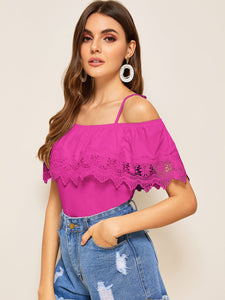 Cold Shoulder Guipure Lace Trim Top