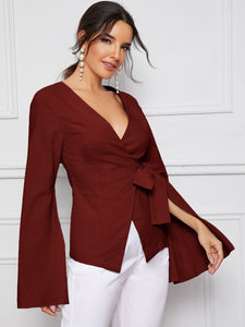 Bell Split Sleeve Surplice Neck Knot Blazer