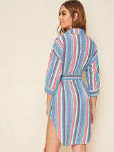 Load image into Gallery viewer, Colorful Striped Belted Notched Shirt Dress