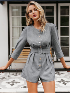 Simplee Solid Button Detail Belted Romper