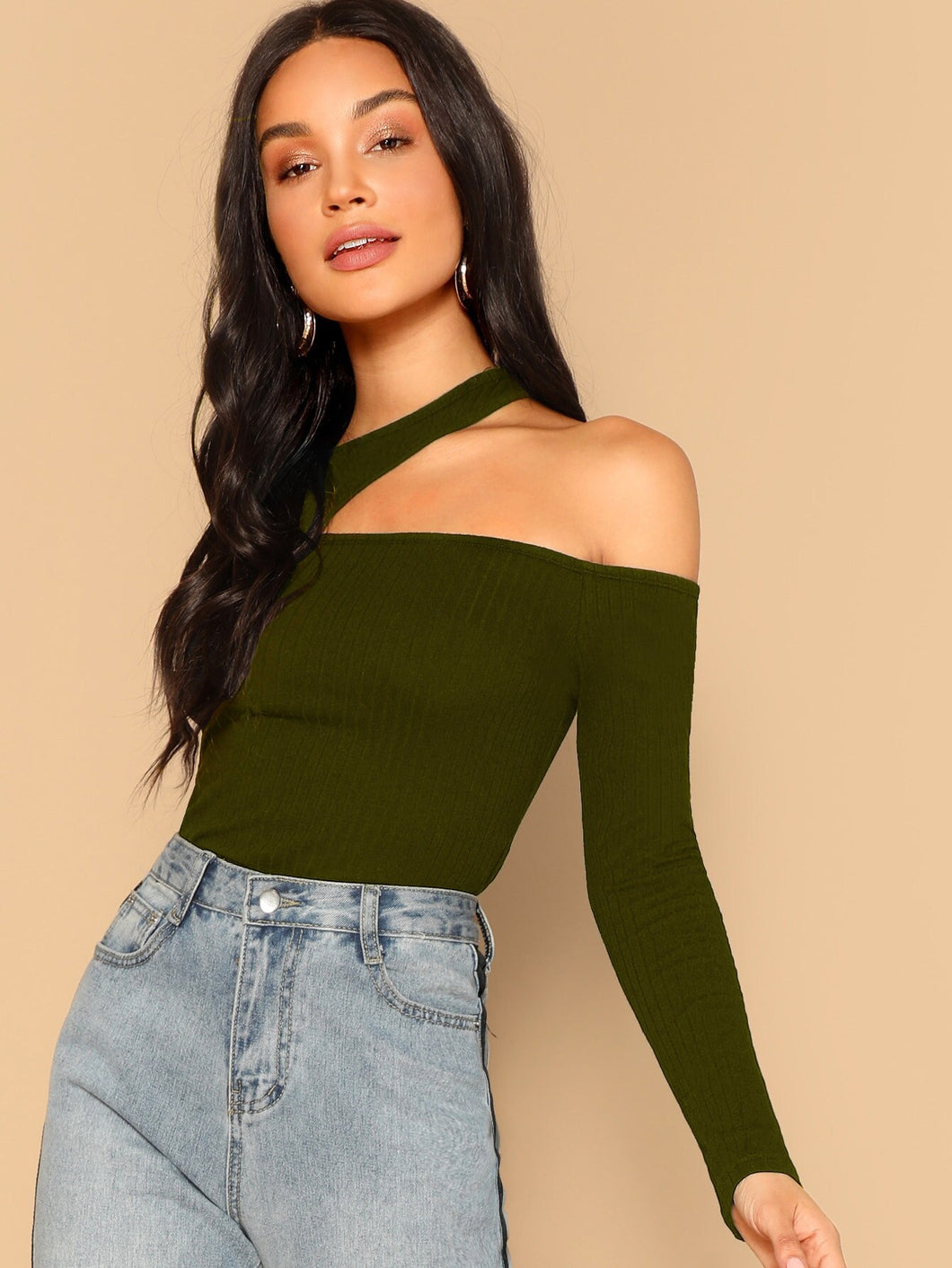 Asymmetric Cutout Neck Ribbed T-shirt