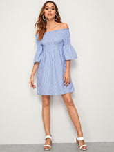 Load image into Gallery viewer, Bardot Flounce Sleeve Striped Frill Trim Shirred Dress