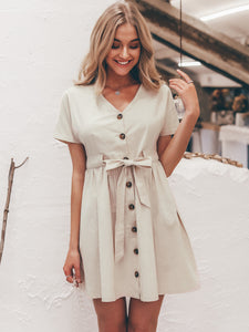 Simplee Button Front Tie Waist Tea Dress