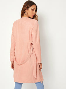 Roll-up Sleeve Waterfall Neck Suede Coat