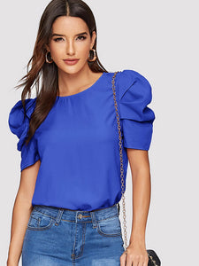 Button Keyhole Back Puff Sleeve Top