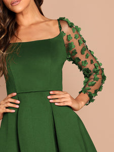 Applique & Mesh Sleeve Flared Dress