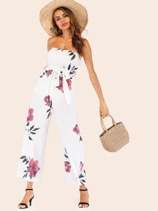 Floral Print Belted Tube Jumpsuit