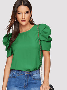 Button Keyhole Back Puff Sleeve Top