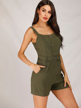 Load image into Gallery viewer, Button Front Pocket Belted Cami Romper