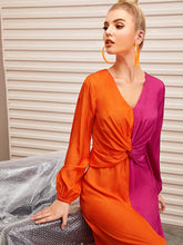 Load image into Gallery viewer, Lantern Sleeve Twist Front Two Tone Dress