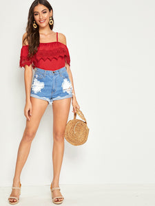 Cold Shoulder Guipure Lace Trim Top