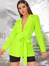 Load image into Gallery viewer, Neon Green Button Front Belted Blazer