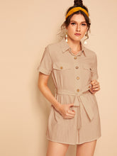 Load image into Gallery viewer, Button Front Flap Pocket Self Belted Romper