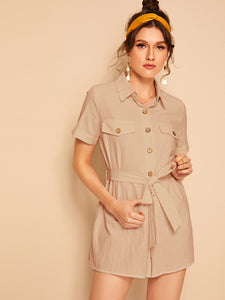 Button Front Flap Pocket Self Belted Romper