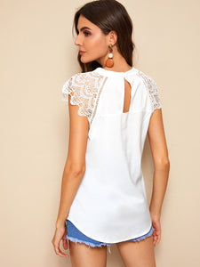 Contrast Lace Cuff Keyhole Back Blouse