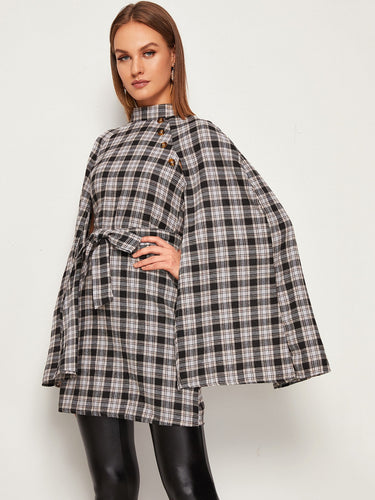 Self Tie Plaid Cape Outerwear