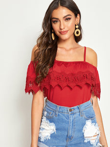 Cold Shoulder Guipure Lace Trim Top