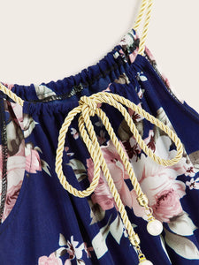 Braid Strap Faux Pearl Detail Floral Cami Dress