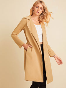 Solid Notched Neck Belted Trench Coat