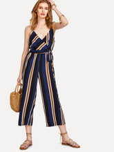 Load image into Gallery viewer, V Neckline Tie Side Striped Jumpsuit