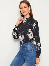 Load image into Gallery viewer, Mock-neck Floral Print Keyhole Back Blouse