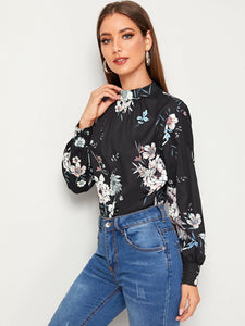 Mock-neck Floral Print Keyhole Back Blouse