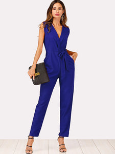 Zip Back Shawl Collar Knot Jumpsuit