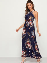 Load image into Gallery viewer, Floral Print Tie Back Belted Maxi Dress