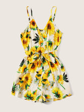 Load image into Gallery viewer, Sunflower Print Surplice Neck Belted Romper