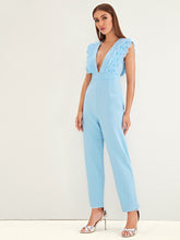 Load image into Gallery viewer, Deep V Neck Layered Pleated Ruffle Trim Jumpsuit