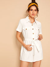 Load image into Gallery viewer, Button Front Flap Pocket Self Belted Romper