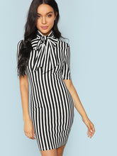 Load image into Gallery viewer, Bow Tie Neck Vertical Striped Bodycon Dress