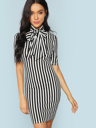 Bow Tie Neck Vertical Striped Bodycon Dress