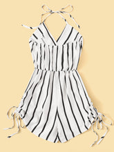 Load image into Gallery viewer, Surplice Striped Drawstring Side Halter Playsuit