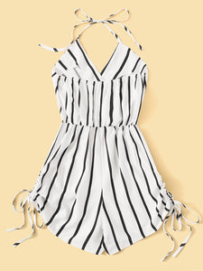 Surplice Striped Drawstring Side Halter Playsuit