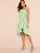 Load image into Gallery viewer, Asymmetric Shoulder Flounce Surplice Dress With Belt